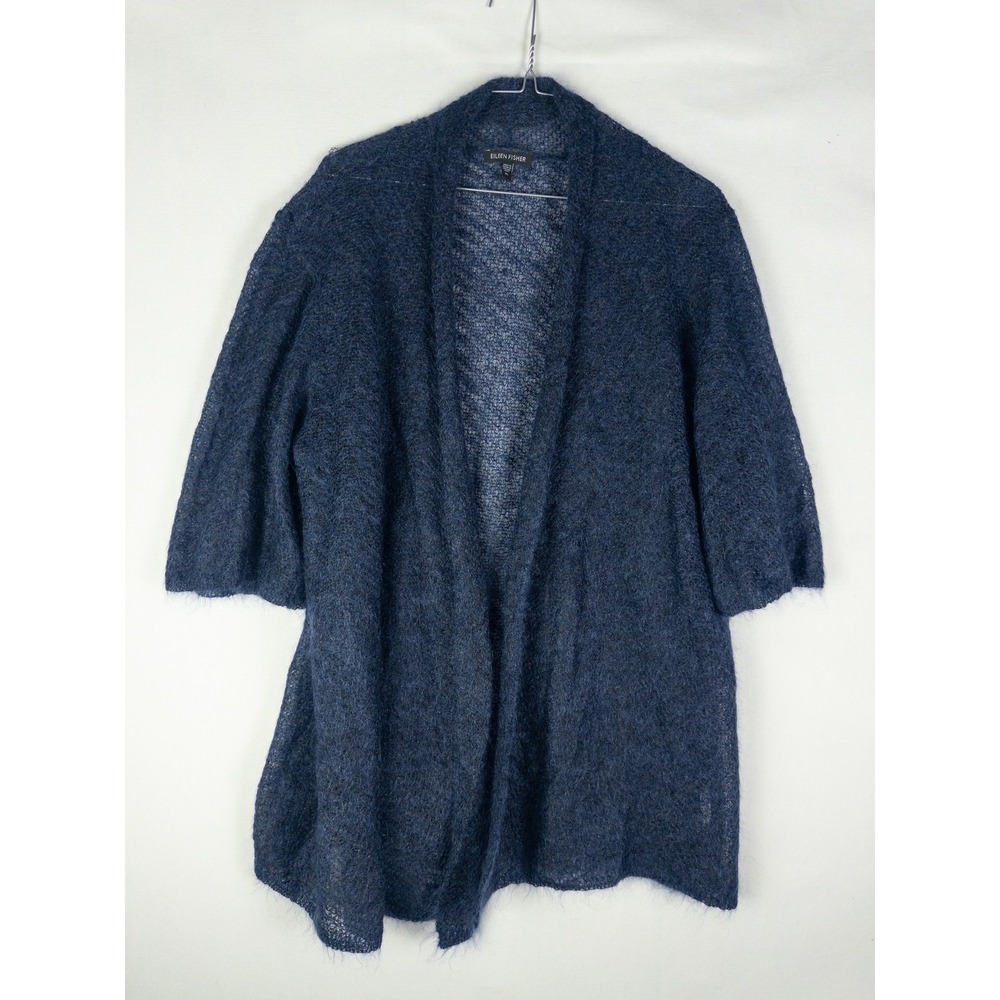 Eileen Fisher Mohair Open Front Cardigan Womens XL Navy Blue Italian Yarn Boho M